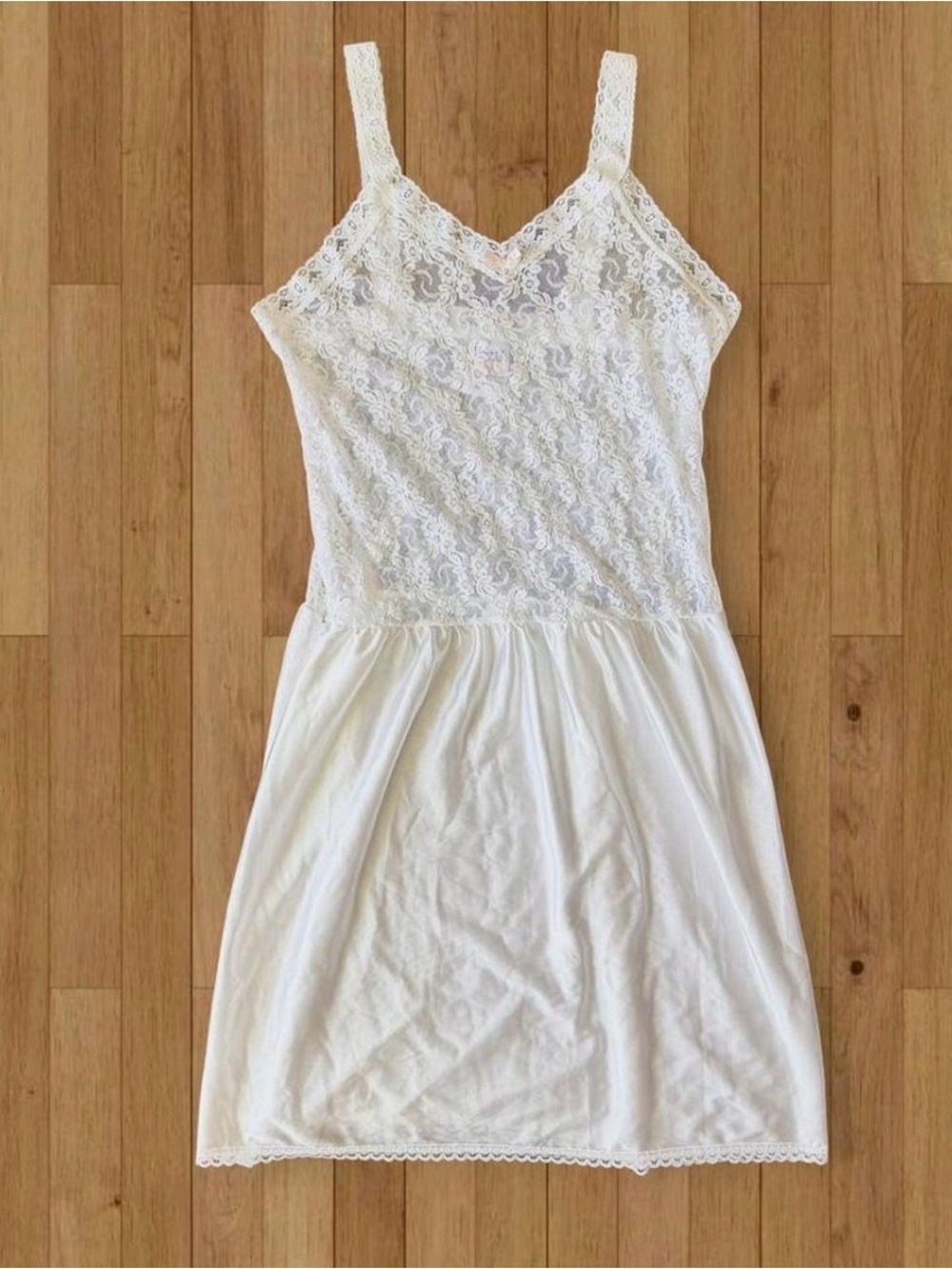 Vintage Satin Sheer Dainty White Lace Drop Waist Slip Dress